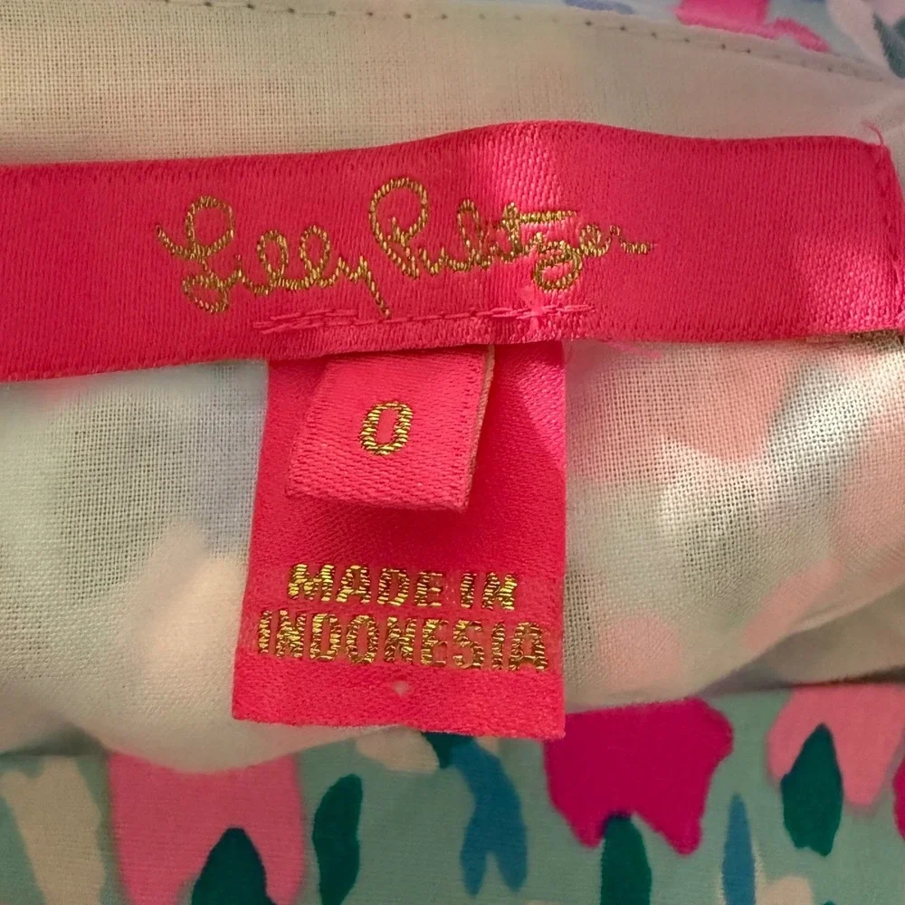 Lilly Pulitzer Pink Blue Puff Sleeve Square Neck Smocked Back Top Size 0